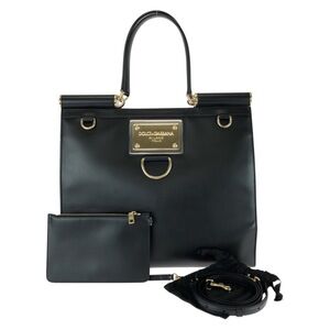Dolce & Gabbana DOLCE&GABBANA Sicily 2-way Black Leather Tote Bag with Gold H...